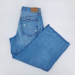 Madewell Low-Slung Baggy Jeans Womens 30P 100% Cotton Blue Distressed Raw Hem